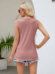 Scalloped eyelet tank top in dusty pink with center lace detail and diamond pattern.
