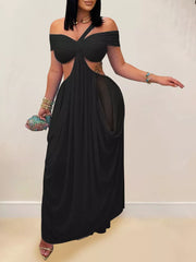 Cutout Off Shoulder Ruched Maxi Dress in Dark Gray, front view