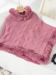 Dusty Pink cable knit poncho with faux fur trim and cowl neck.