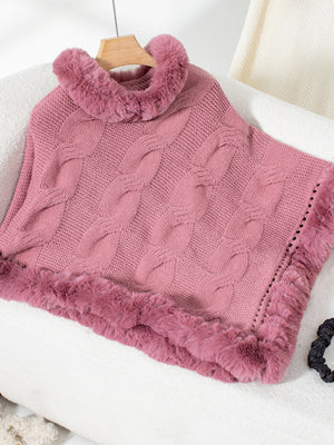 Dusty Pink cable knit poncho with faux fur trim and cowl neck.