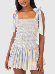 Rainbow striped smocked bodice and shorts set with tie straps