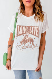 White graphic t-shirt with a rodeo cowboy and "Long Live Cowboys" text.