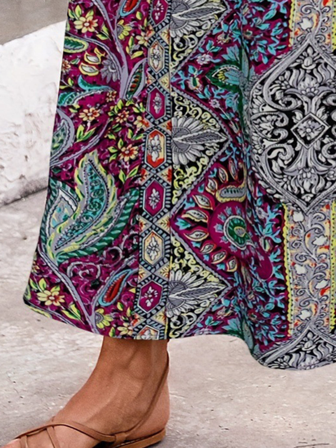 Paisley print maxi skirt with slit in Deep Purple, Yellow-Green and Styl A colors.