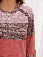 Marled stripe knit sweater with button shoulder detail in terracotta and pink marled.