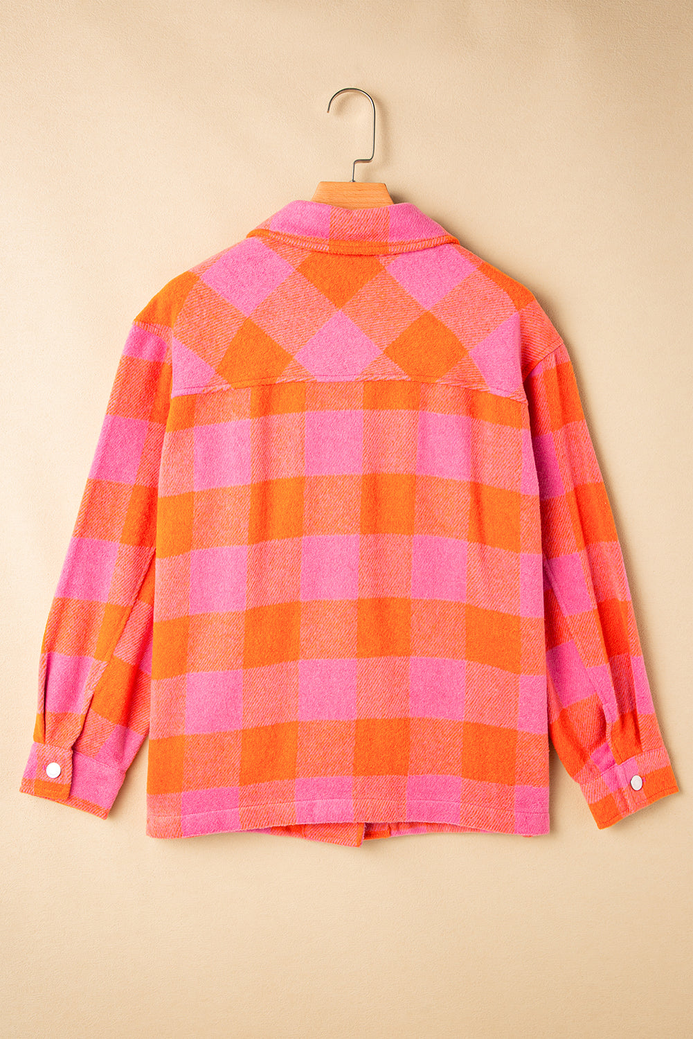 Sunset Check Overshirt with patch pockets in orange and pink plaid.