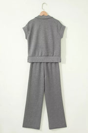 Chic dark gray half-zip polo top and wide-leg pants set