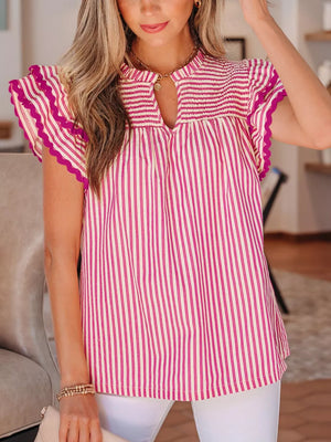 Shirred yoke ruffled sleeve blouse in pink and white stripes with scalloped trim.