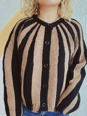 Tan and black striped knit cardigan with button front and crew neck