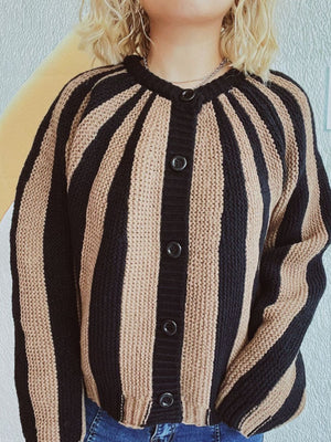 Tan and black striped knit cardigan with button front and crew neck