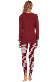 Wine long sleeve loungewear set with white striped leggings.