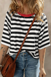 Breton stripe tee with contrast red neckline and short sleeves.