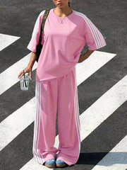 Striped Short Sleeve Top And Pants Set in Yellow, fabric detail