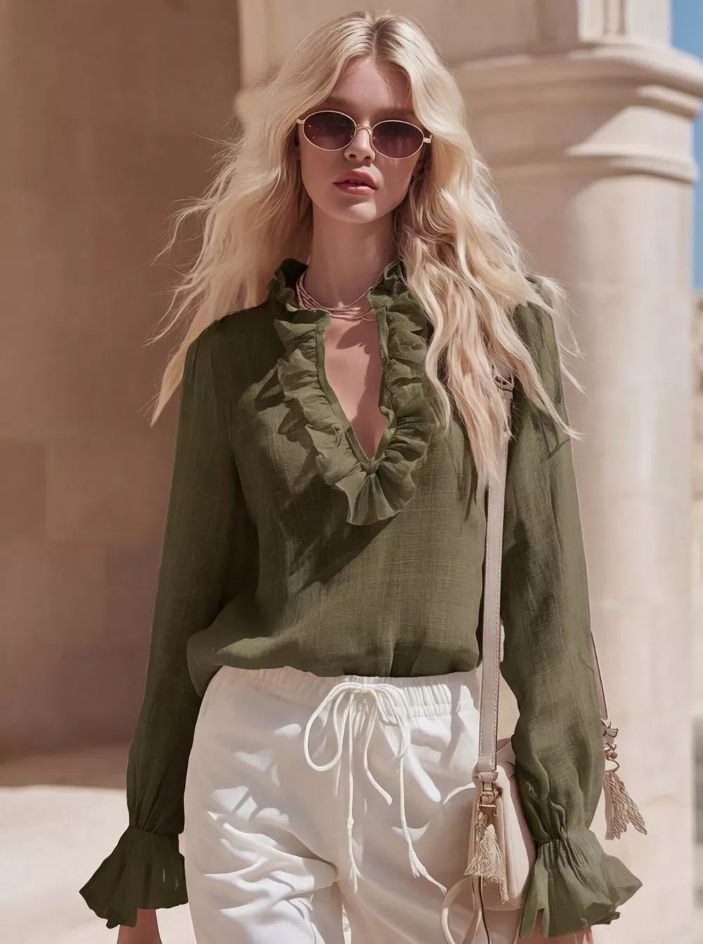 Army green maternity shirt with V-neck ruffles and bell sleeves.