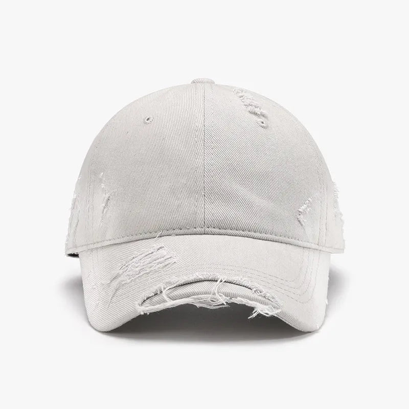 Light Gray distressed denim baseball cap with frayed details.