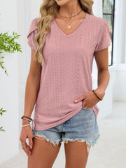Blush pink eyelet v-neck tee with petal sleeves and textured pattern.