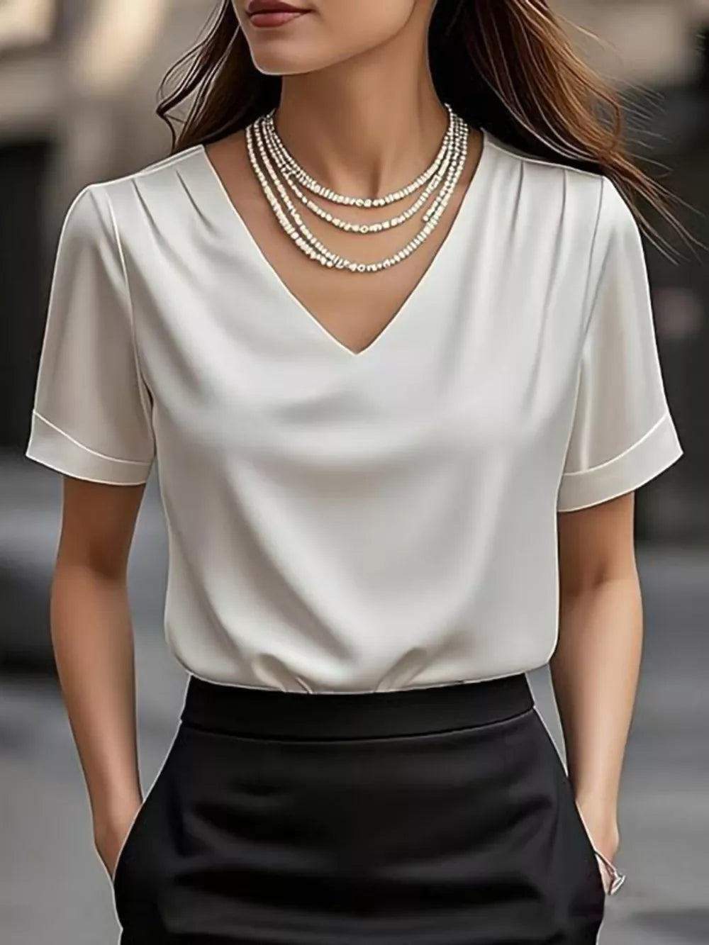 Elegant white satin V-neck shirt with cuffed sleeves and a draped neckline.
