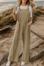 Textured cotton overalls in camel with square pockets and wide legs.