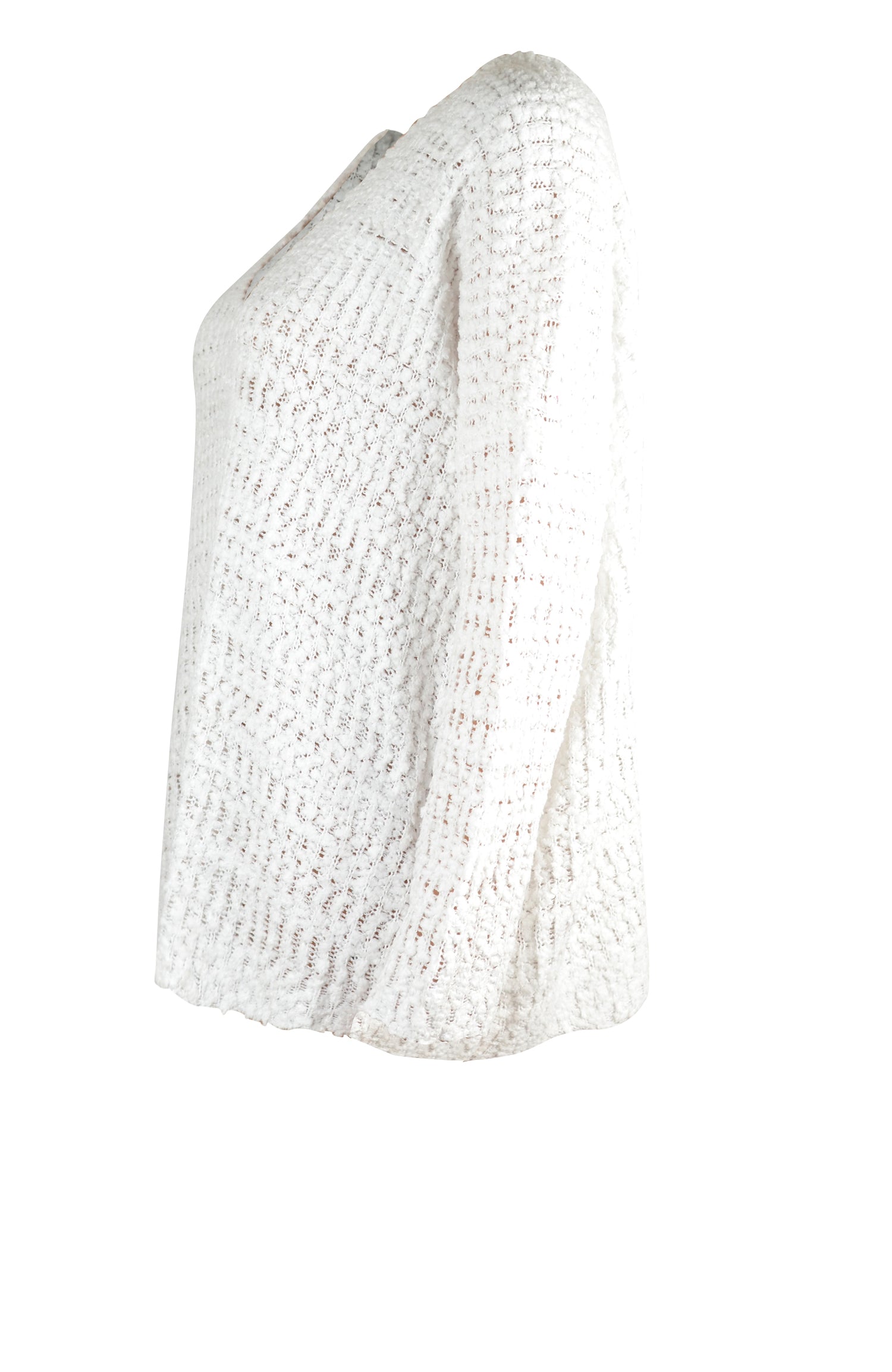 White asymmetric slouch knit sweater with open shoulder detail and textured acrylic fabric.