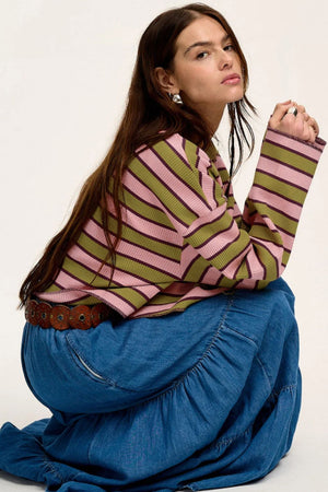 Waffle knit cropped top with pink and green stripes and V-neck.