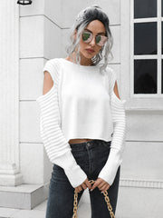 White ribbed knit cold shoulder sweater with textured sleeves