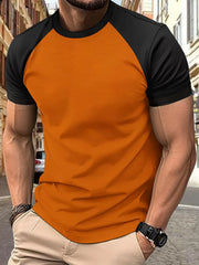Colorblock raglan tee in Terracotta and Black with crew neck.