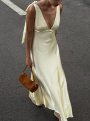 Elegant Satin Tie-shoulder V-neck Dress