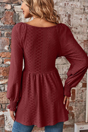 Burgundy textured blouse with shirred sleeves and empire waist