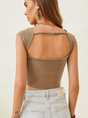 Khaki ribbed crop top with open back detail and adjustable strap.