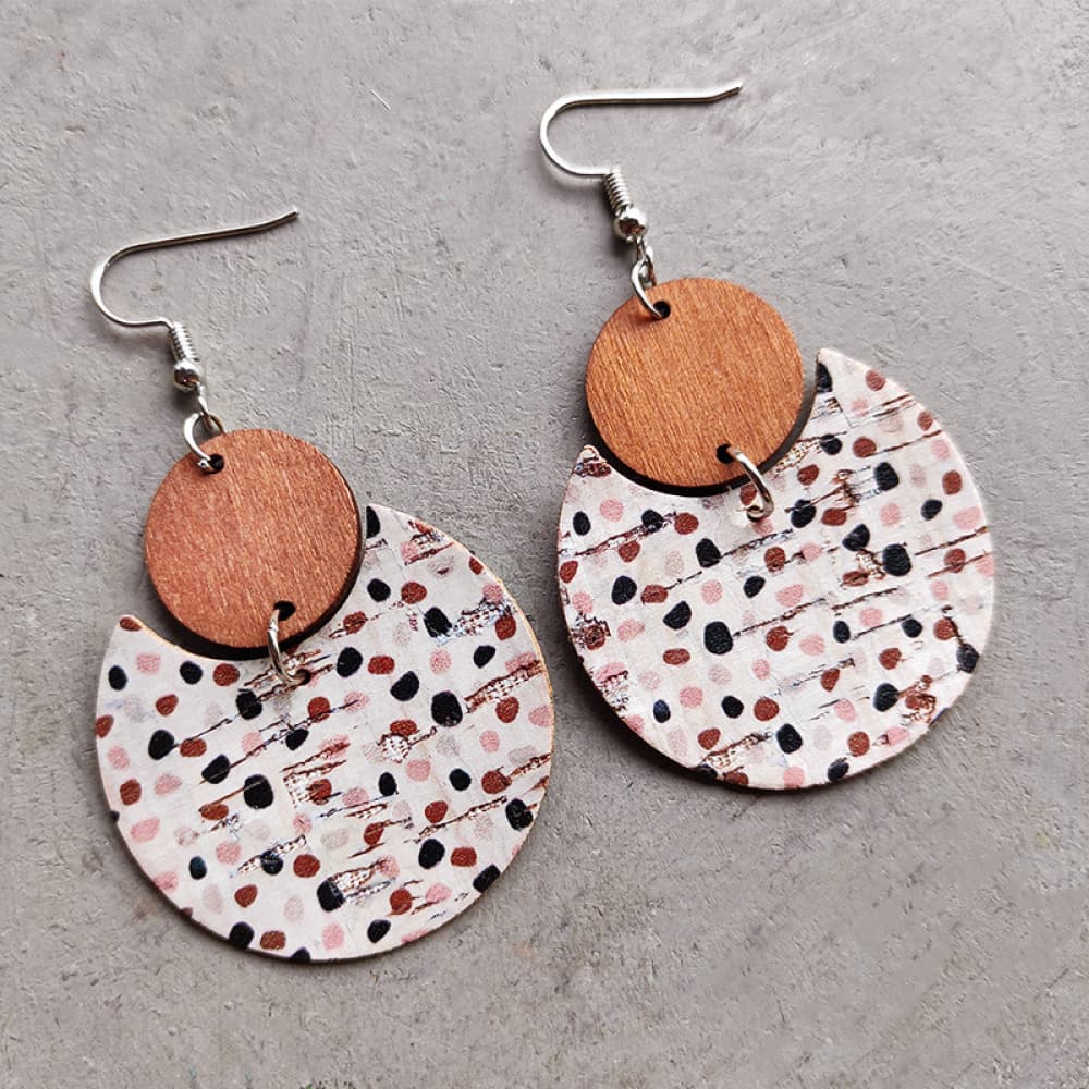 Cork & wood abstract drop earrings with polka dot pattern, Style C