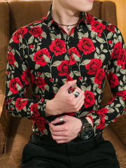 Black floral print cotton blend button-down shirt with red roses and green leaves.