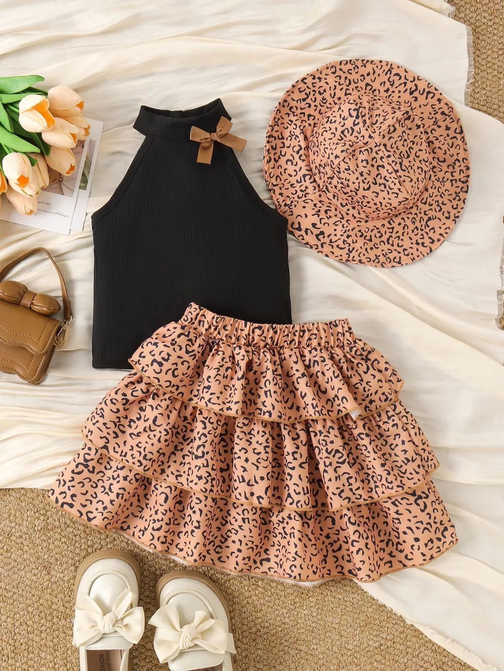 Children's Halter Top & Leopard Ruffled Skirt Set in Black, front view