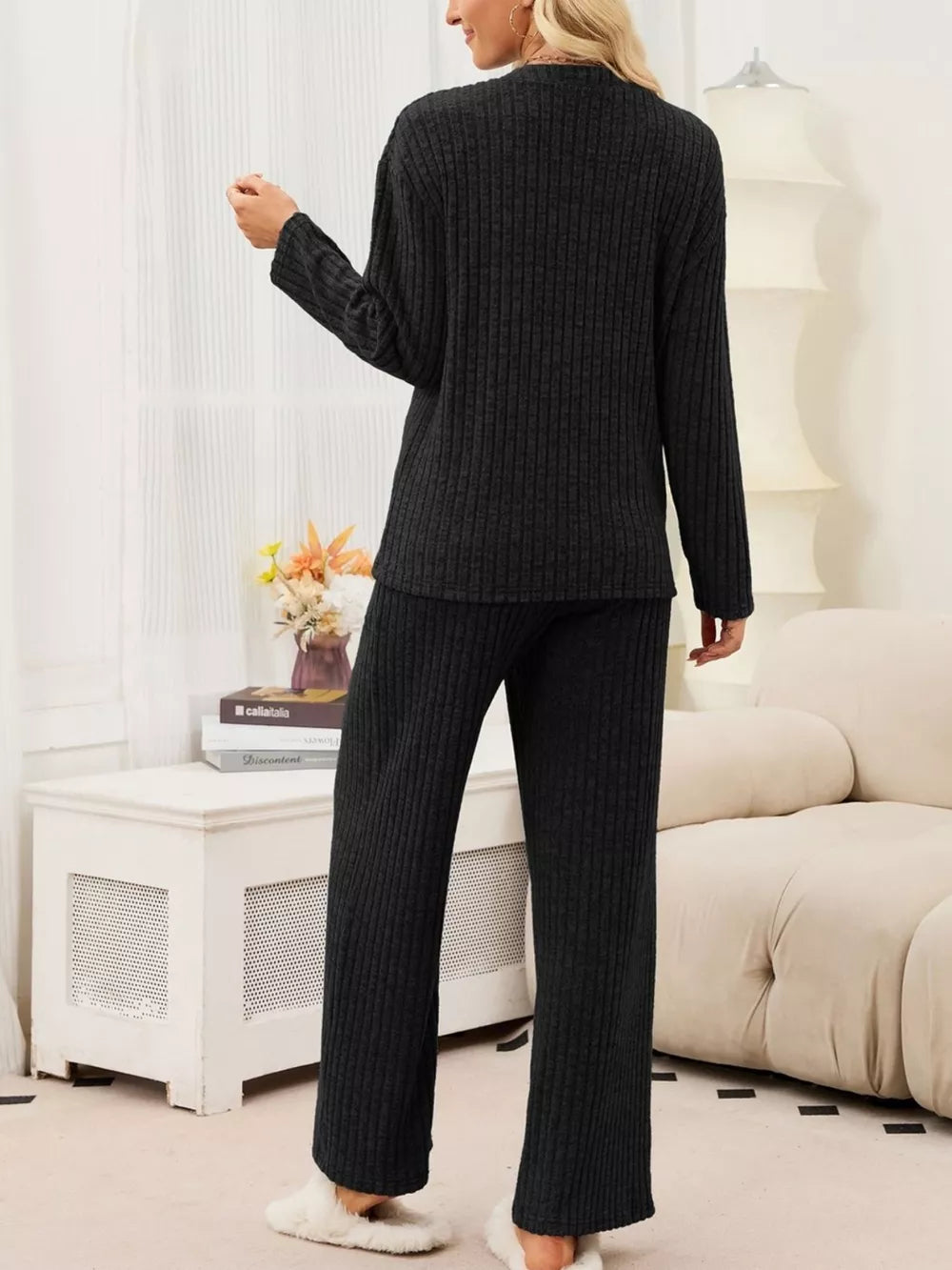 Ribbed Knit Top And Wide-leg Pants Set in Mauve with buttoned