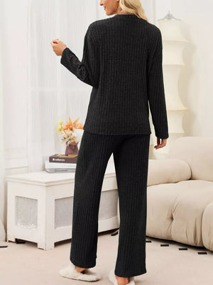 Ribbed Knit Top And Wide-leg Pants Set in Mauve with buttoned