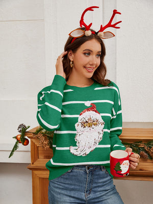 Green sequin Santa stripe knit jumper with crew neck and long sleeves.
