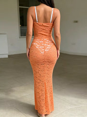 Orange-red sheer lace maxi dress with spaghetti straps.