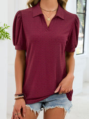 Wine red eyelet collar top with puff sleeves and v-neck.