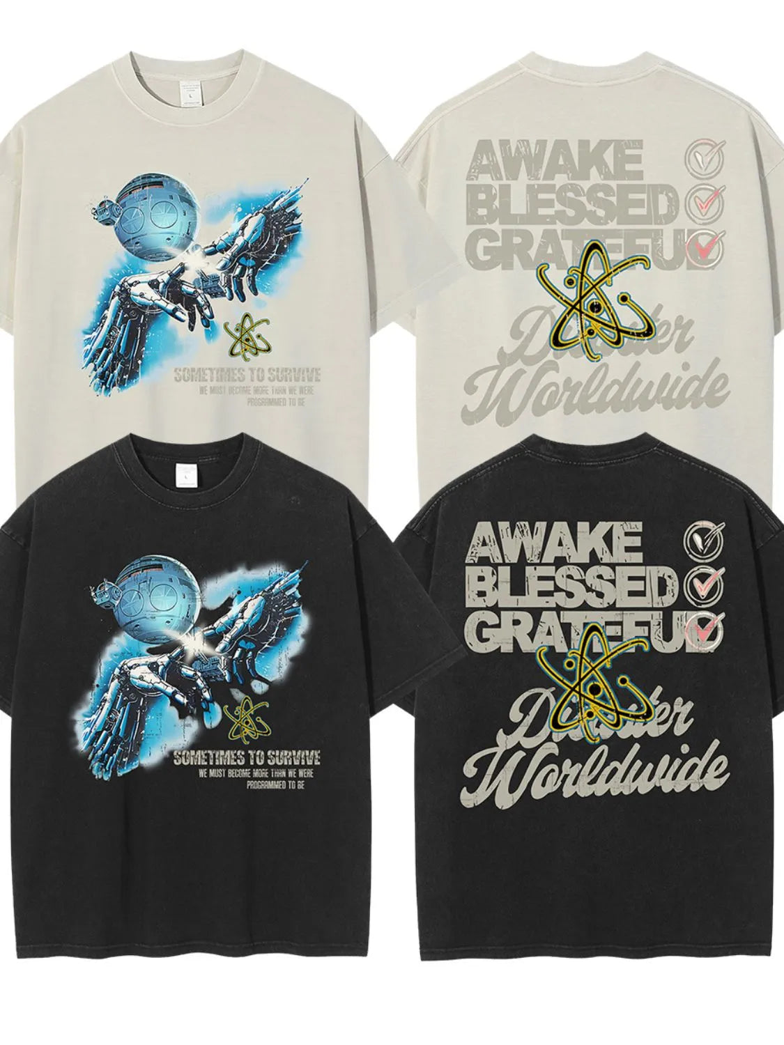 Washed graphic t-shirt in black with robotic hands reaching for a globe and text.