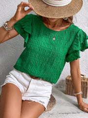 Green textured ruffle sleeve smocked blouse with a scoop neck.