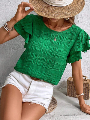 Green textured ruffle sleeve smocked blouse with a scoop neck.