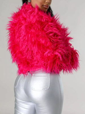 Faux Fur Open Front Cropped Outerwear in Red, view 17
