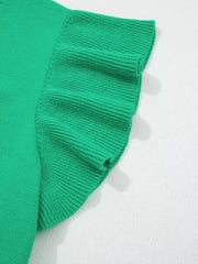 Green ribbed knit top with ruffled short sleeves and round neck.