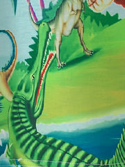 Toddler t-shirt with colorful dinosaur adventure print, green crewneck.