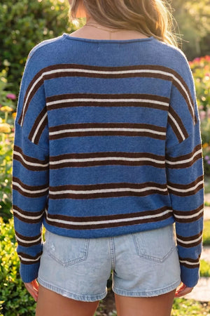 Striped Drop Shoulder Button Cardigan in Dusty Blue, fit detail