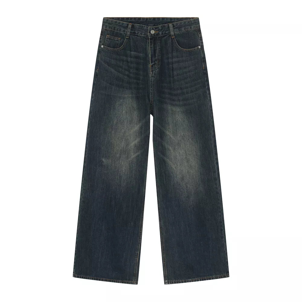 Men's wide leg denim jeans in dark wash cotton with a relaxed fit.