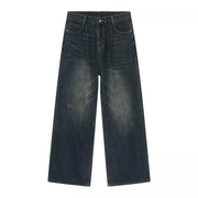 Men's wide leg denim jeans in dark wash cotton with a relaxed fit.
