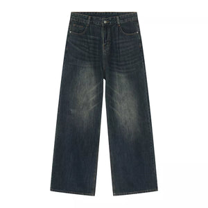 Men's wide leg denim jeans in dark wash cotton with a relaxed fit.