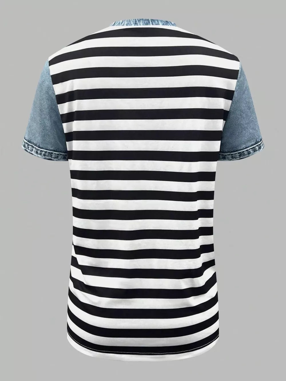 Denim patchwork blouse with black and white stripes and short sleeves.