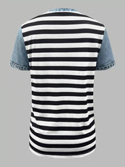 Denim patchwork blouse with black and white stripes and short sleeves.