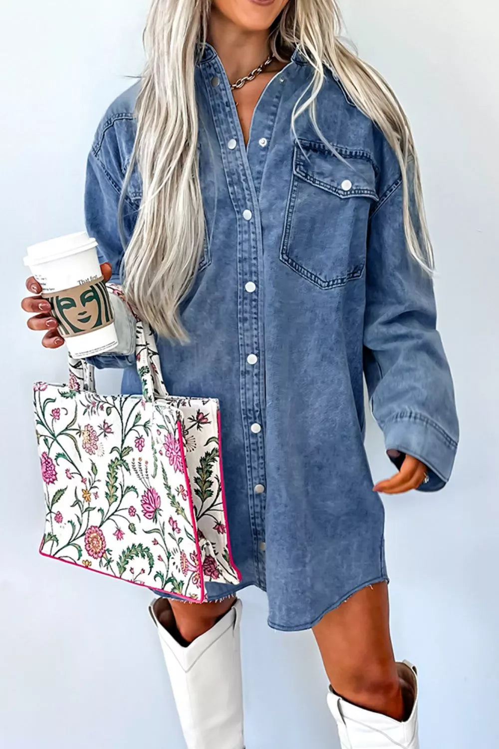 Acid-washed denim button-down dress with classic collar and chest pockets.