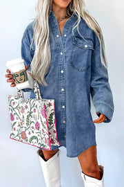 Acid-washed denim button-down dress with classic collar and chest pockets.